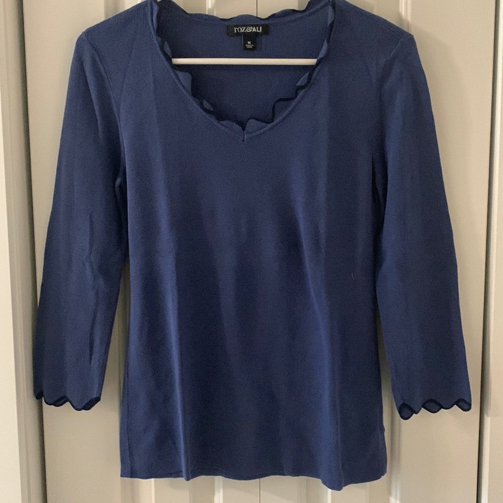Women’s sweater, size M, cadet blue with black trim
